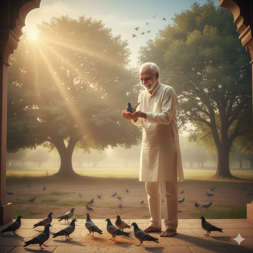 Man feeding pigeons in warm morning sunlight