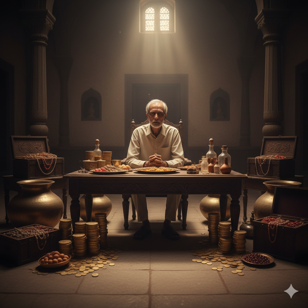 Wealthy merchant sitting with gold, yet lonely