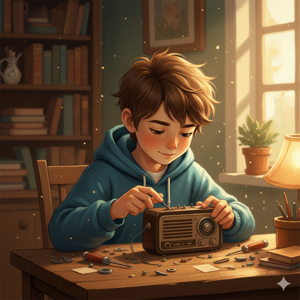 A shy boy quietly repairing a radio, discovering his true place and talent.