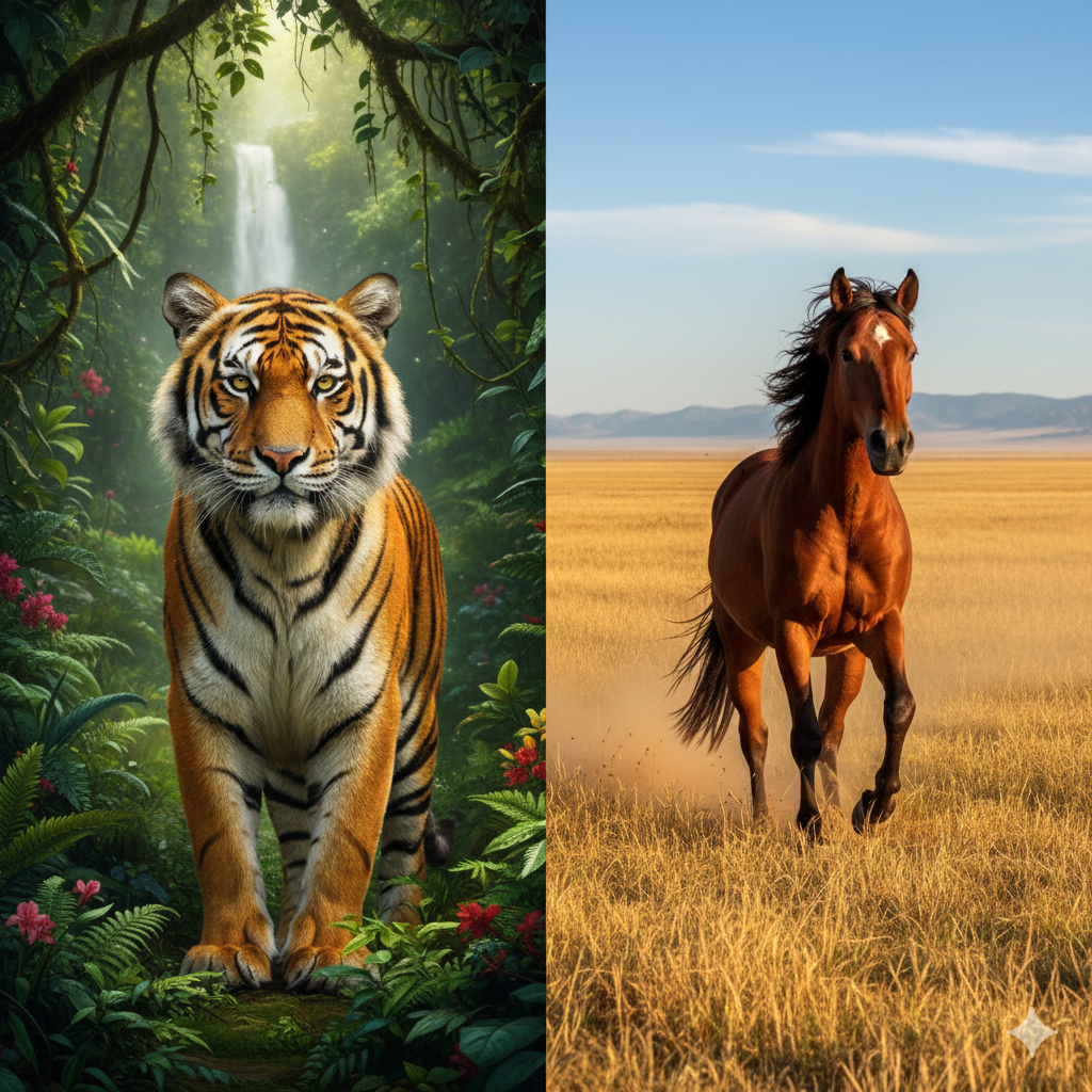 A tiger in the jungle and a horse in an open field, each powerful in their own natural place.